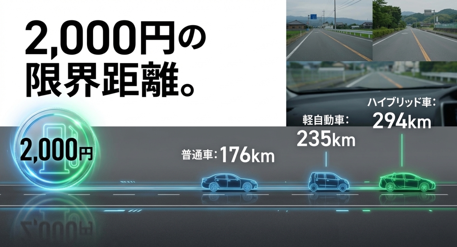ガソリン2000円分で何キロ走れる?燃費別に解説を示す画像