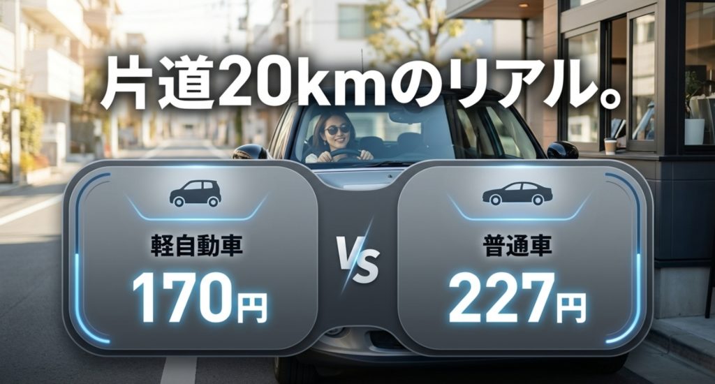 片道20キロ走るとガソリン代はいくらになる?を示す画像