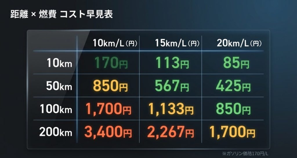 距離X燃費Xコスト早見表を示す画像