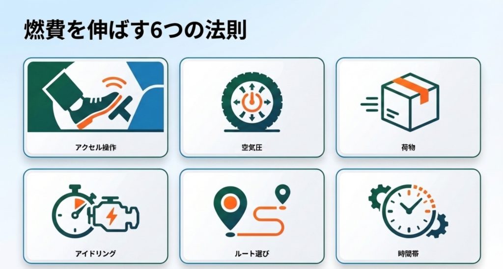 燃費を改善し、ガソリン代を抑える方法を示す画像